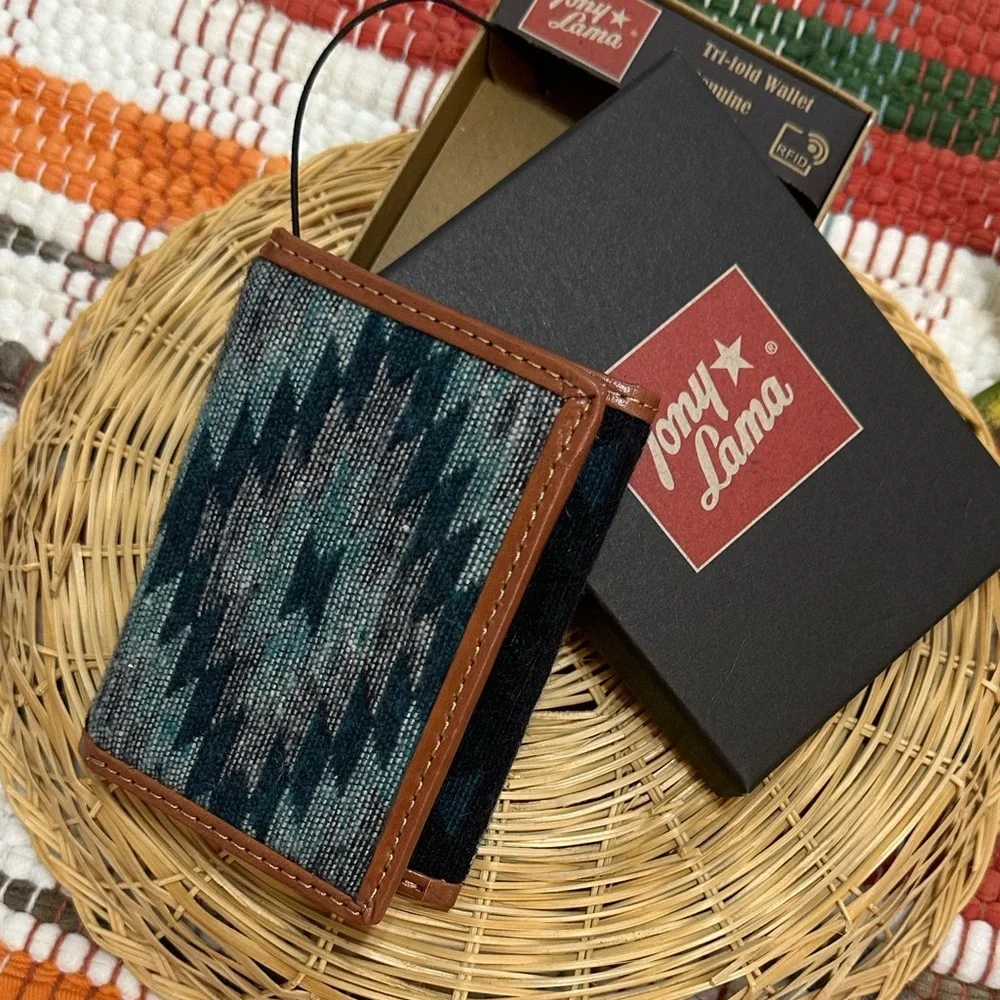 New Tony Lama Tri-Fold Wallet RFID Blue Aztec Canvas Leather Cowboy Western